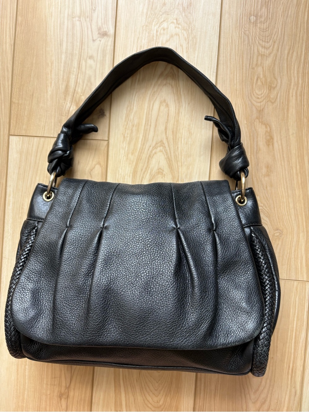Cole Haan Black Leather Shoulder Bag with Knotted Strap Classic Minimalist